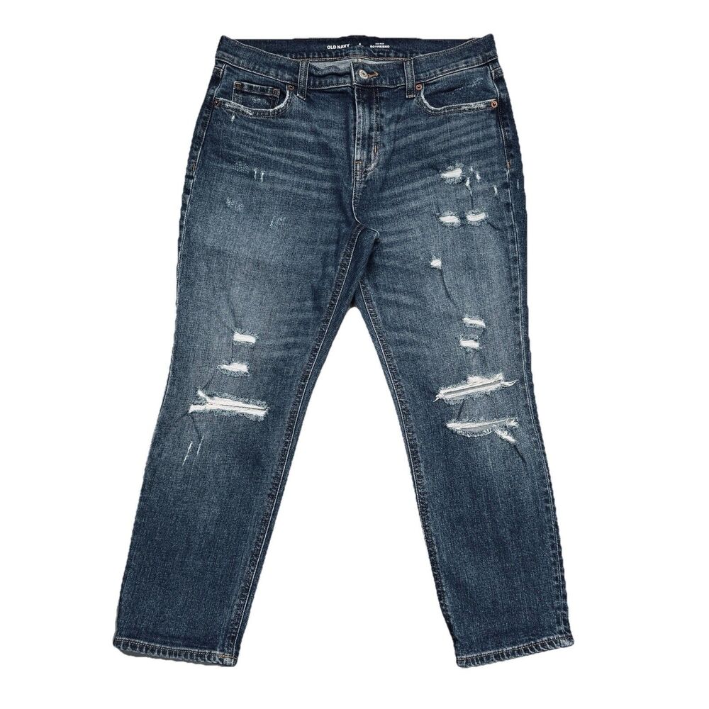 Old Navy Mid Rise Boyfriend Crop Jeans Petite 6P (30x23) Blue Distressed Womens